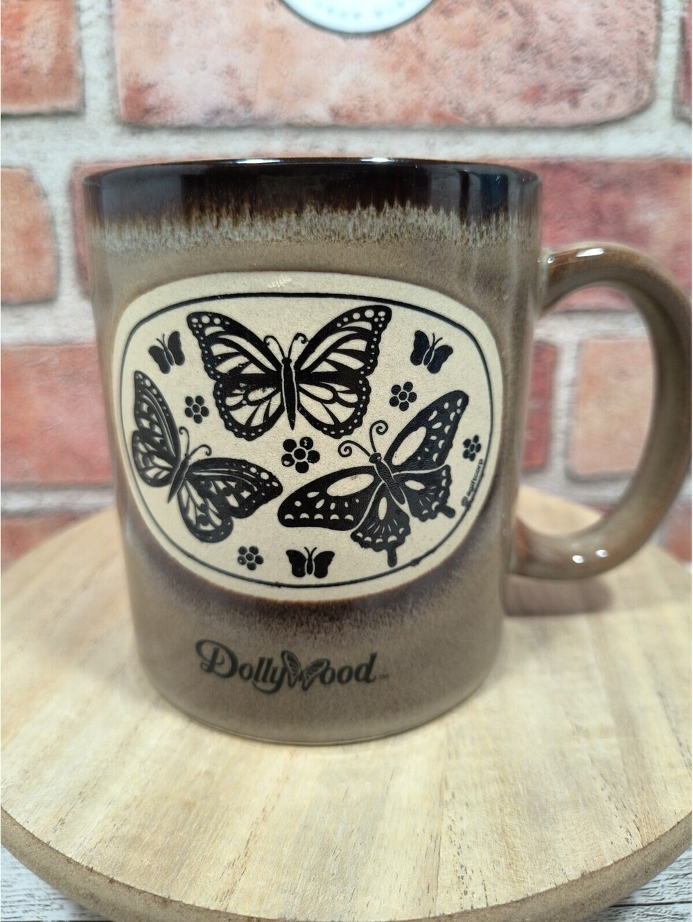 DollyWood Speckled Stoneware Mug Rustic Brown Dip Glaze Butterfly Graphics